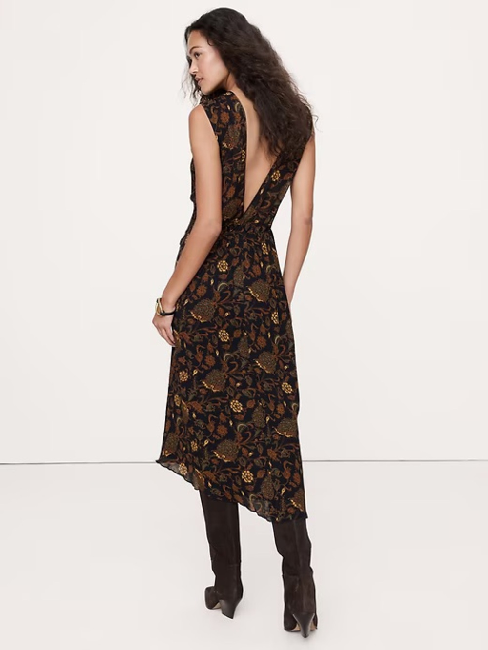 NEW! Banana Republic Low-Back Midi Dress Black Floral Botanical 🧶